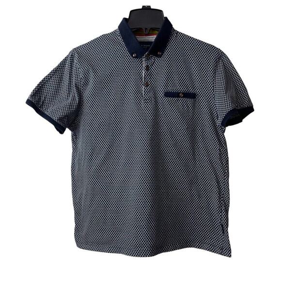 Ted Baker Karmex Polo Shirt Mens Size 4 Large Navy Spotted Print Short Sleeve - Picture 1 of 15